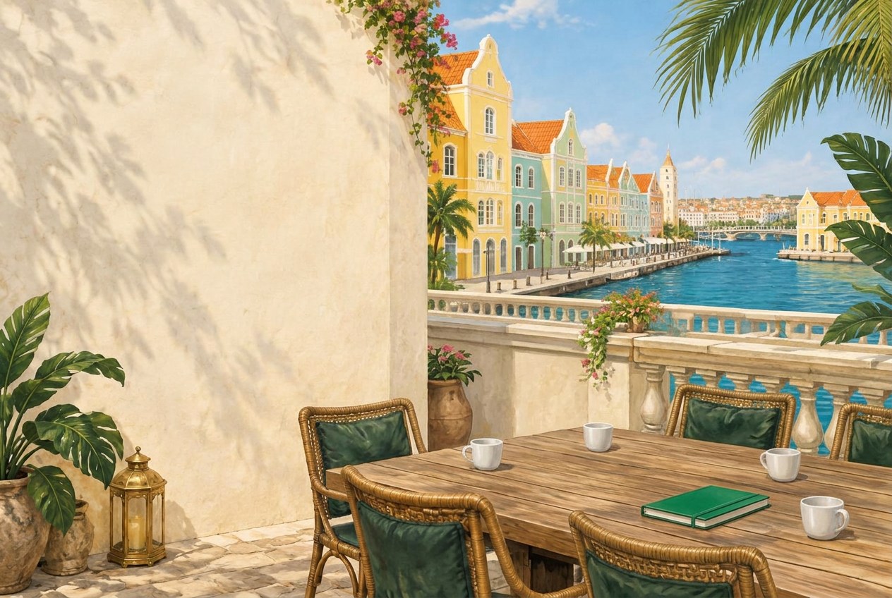 Illustratie van een Caribische werkterrasse met uitzicht op Curaçao